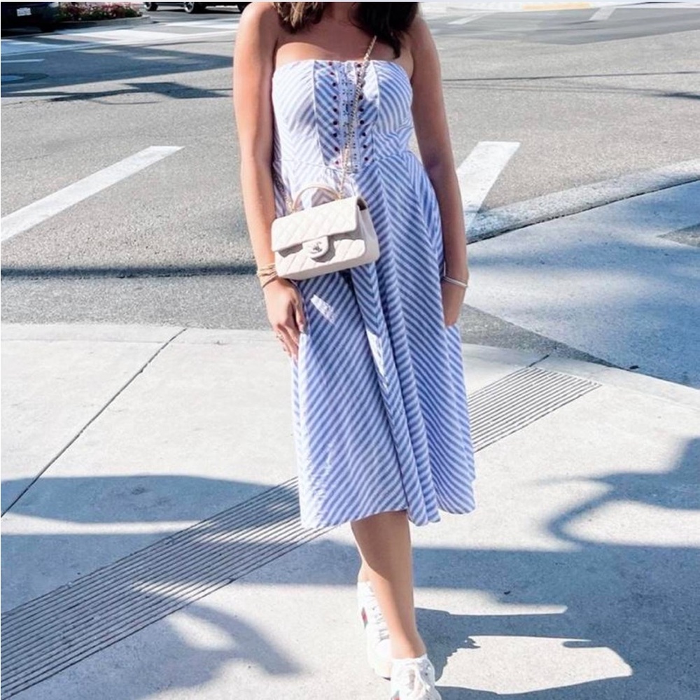 Anthropologie Blue and White Strapless Dress